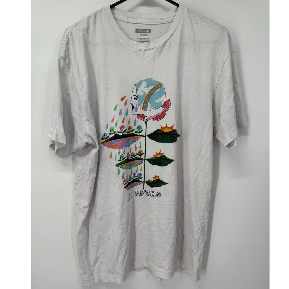 Stance Growth T-Shirt Large White Crew Neck Cotton‎ Rainbow Watercolor Graphic